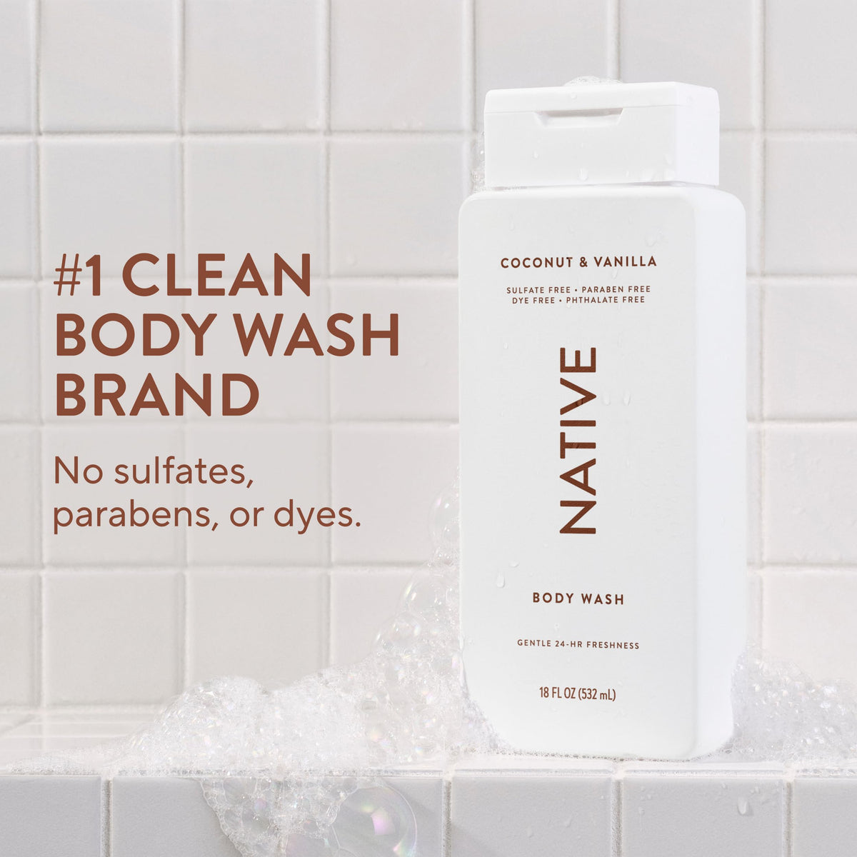 Native pump close-up displaying easy dispensing and convenient shower use benefit