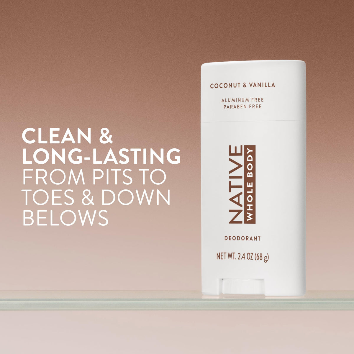 Native deodorant stick open with product exposed, benefits smooth non-greasy glide
