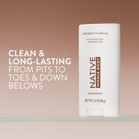 Native deodorant stick open with product exposed, benefits smooth non-greasy glide