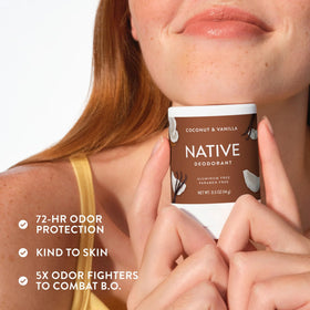 Native coconut & vanilla deodorant stick open showing smooth glide for quick use