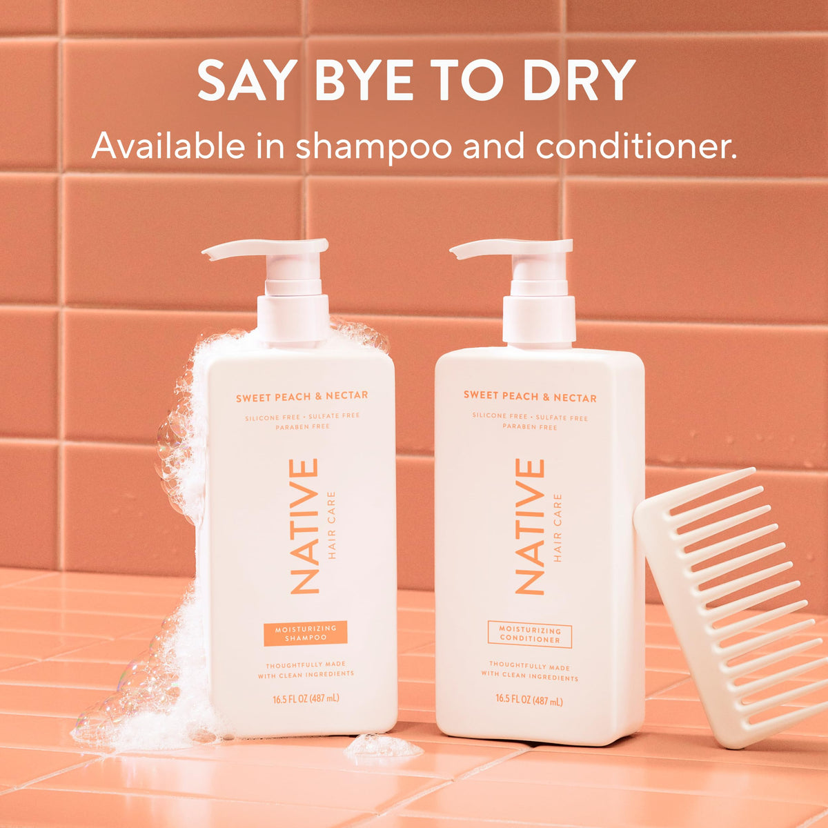 Before and after hair ends comparison showing Native conditioner softening effect