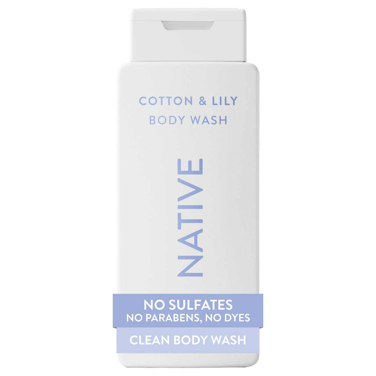 Native front packaging showing 18 oz bottle and Cotton & Lily scent benefits