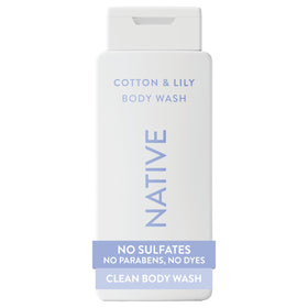 Native front packaging showing 18 oz bottle and Cotton & Lily scent benefits