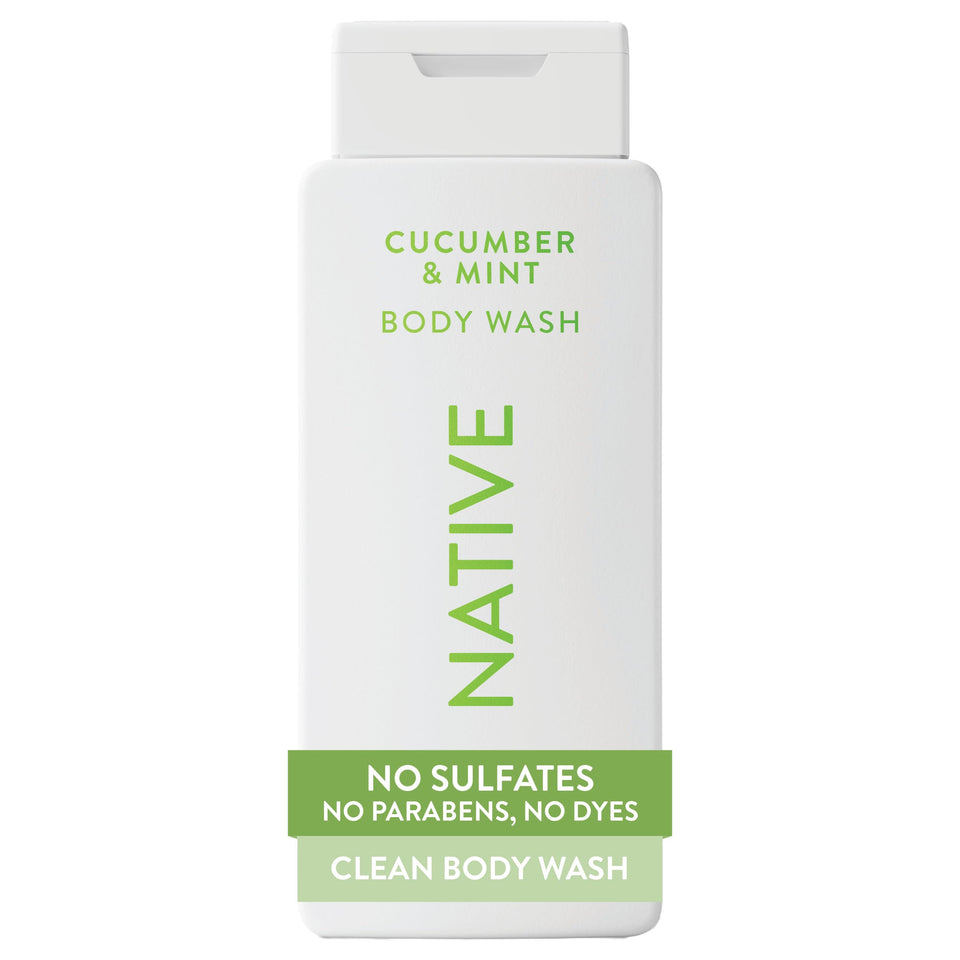 Native front label showing cucumber and mint scent and 18 oz size benefits