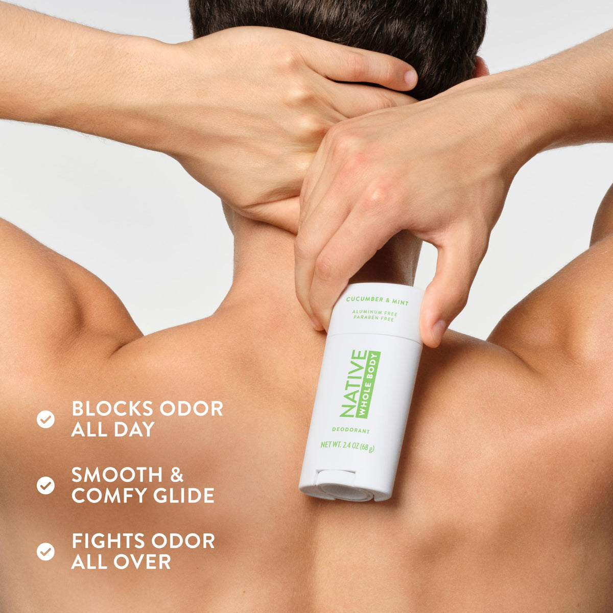 Native label close-up highlighting 72-hour odor control and clean ingredients