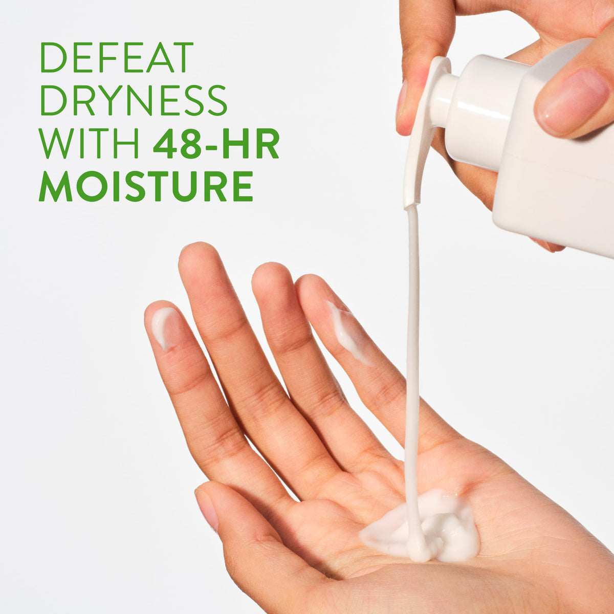 Native lotion dispensing from pump emphasizing quick, non-greasy absorption