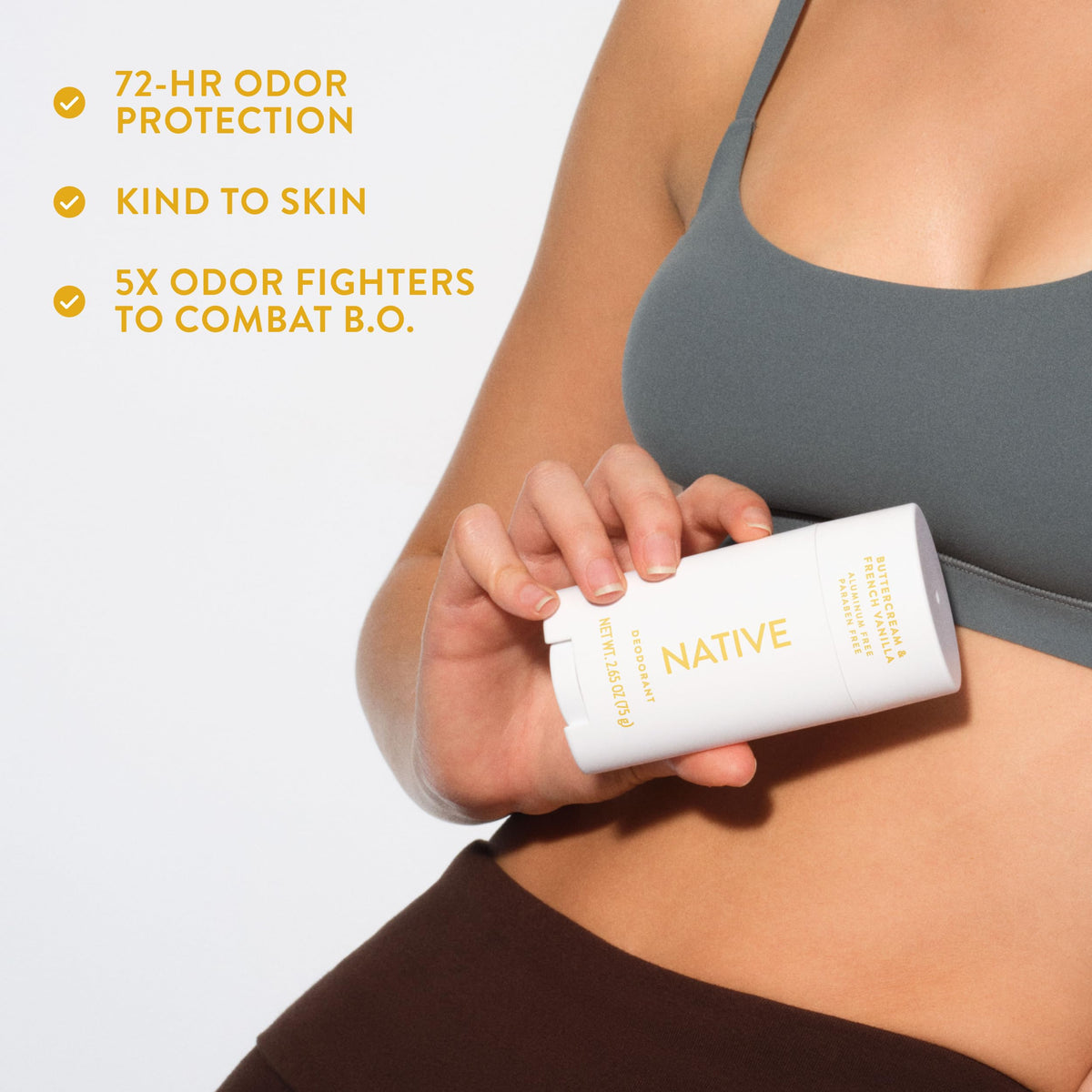Native deodorant applying clear on skin, prevents visible white marks