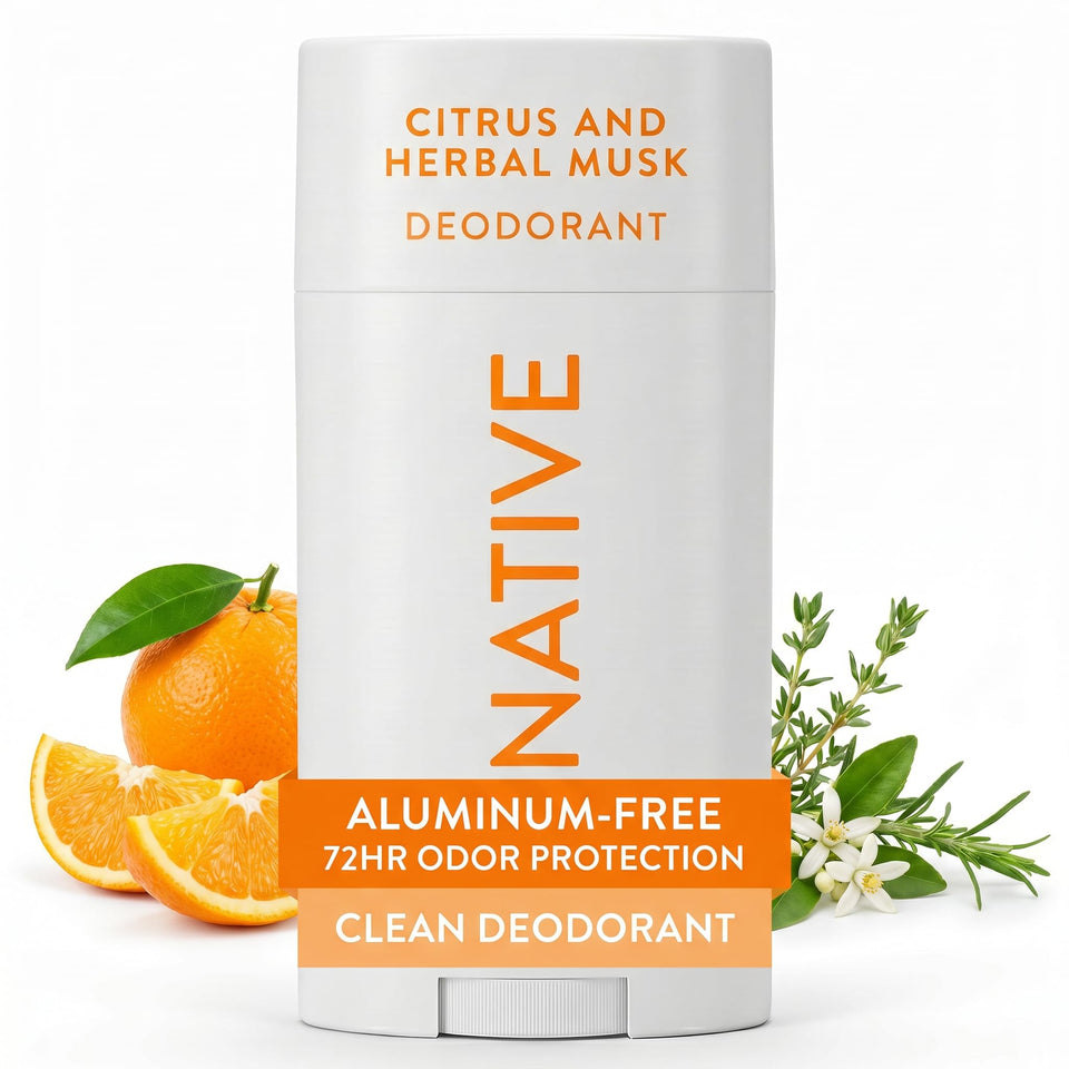 Native front packaging showing Citrus & Herbal Musk and 72-hour benefit