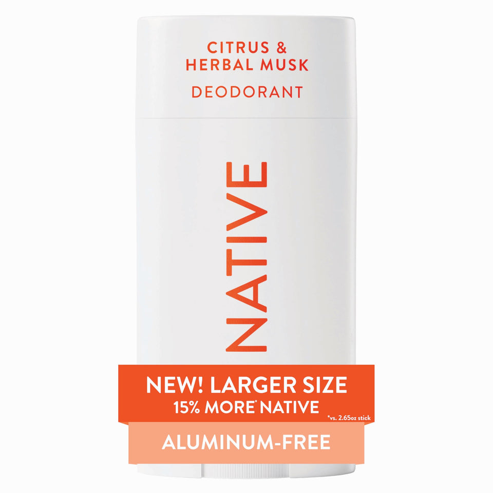 Native deodorant front view showing citrus & herbal musk and clear stick application benefit