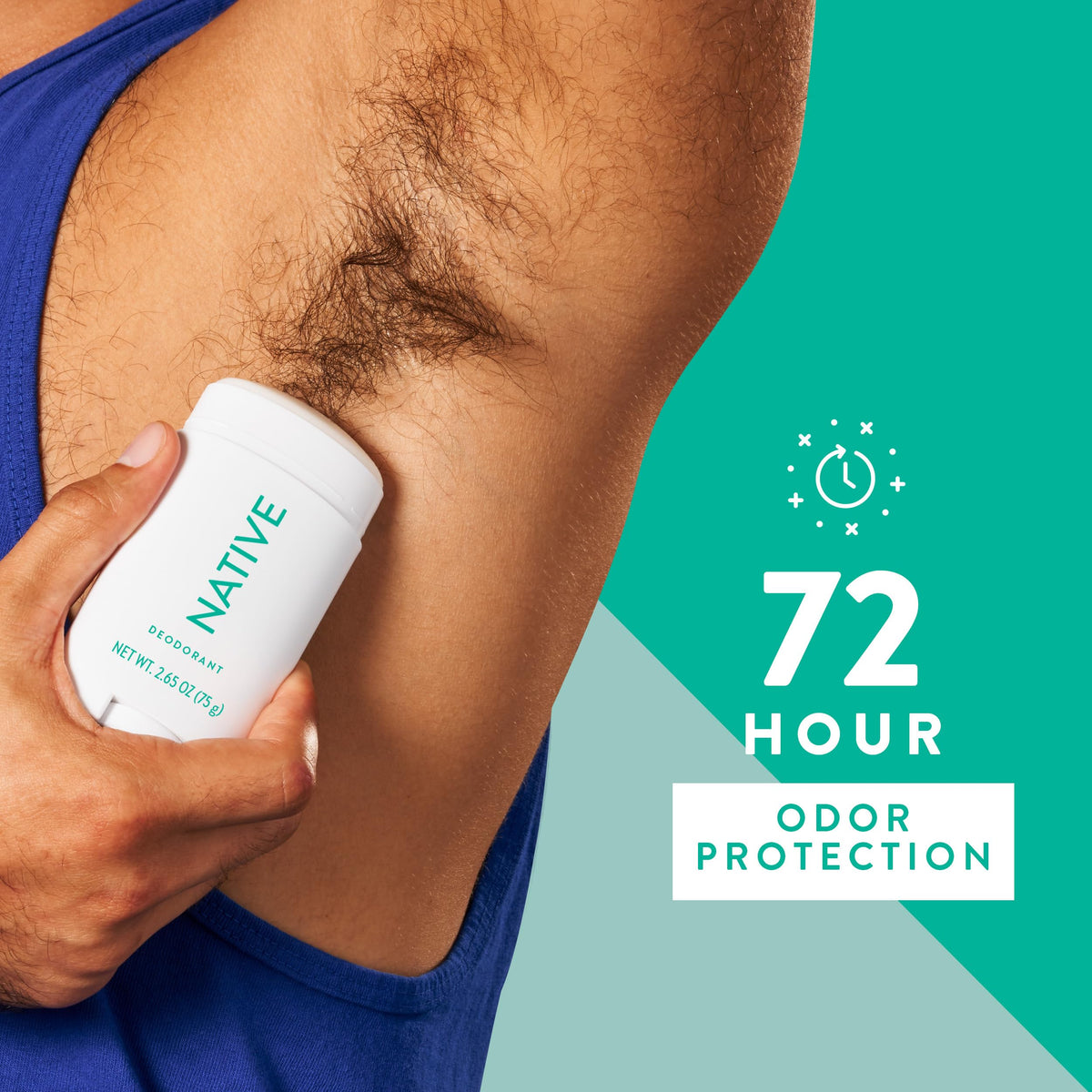 Native deodorant held in hand showing 2.65oz size for travel convenience