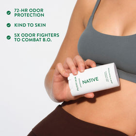 Native deodorant ingredients with shea butter and coconut, highlights naturally derived benefits