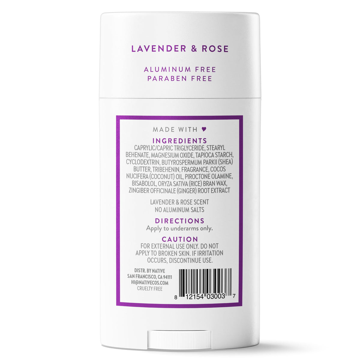 Native deodorant label detail showing aluminum-free and vegan benefits