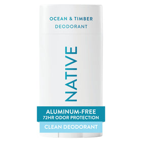 Native deodorant front packaging showing Ocean & Timber scent and benefits