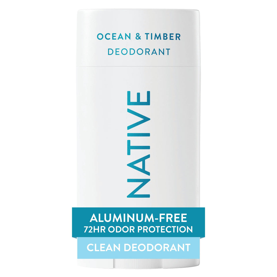 Native deodorant front packaging showing Ocean & Timber scent and benefits