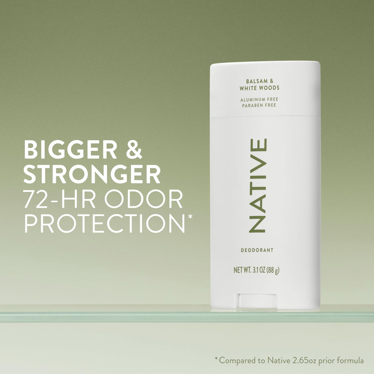 Native deodorant stick beside a ruler showing 3.1 oz scale benefit