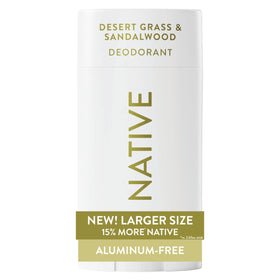 Native front packaging of Desert Grass & Sandalwood showing clean design and size benefit
