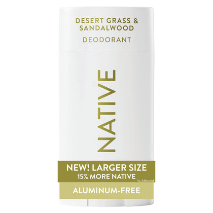 Native front packaging of Desert Grass & Sandalwood showing clean design and size benefit