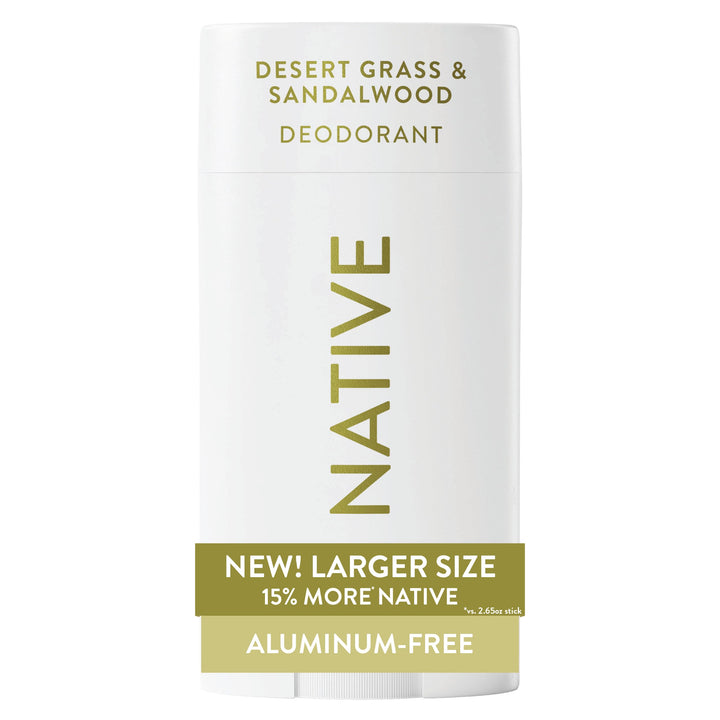 Native front packaging of Desert Grass & Sandalwood showing clean design and size benefit