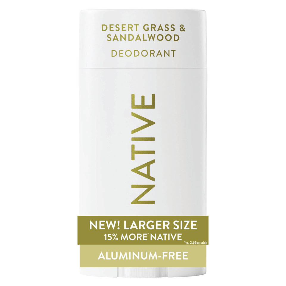 Native front packaging of Desert Grass & Sandalwood showing clean design and size benefit