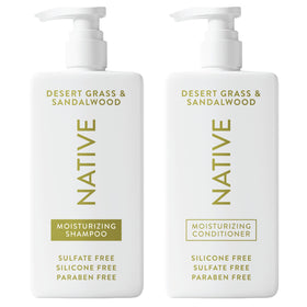 Native front packaging showing shampoo and conditioner, clear branding and benefit