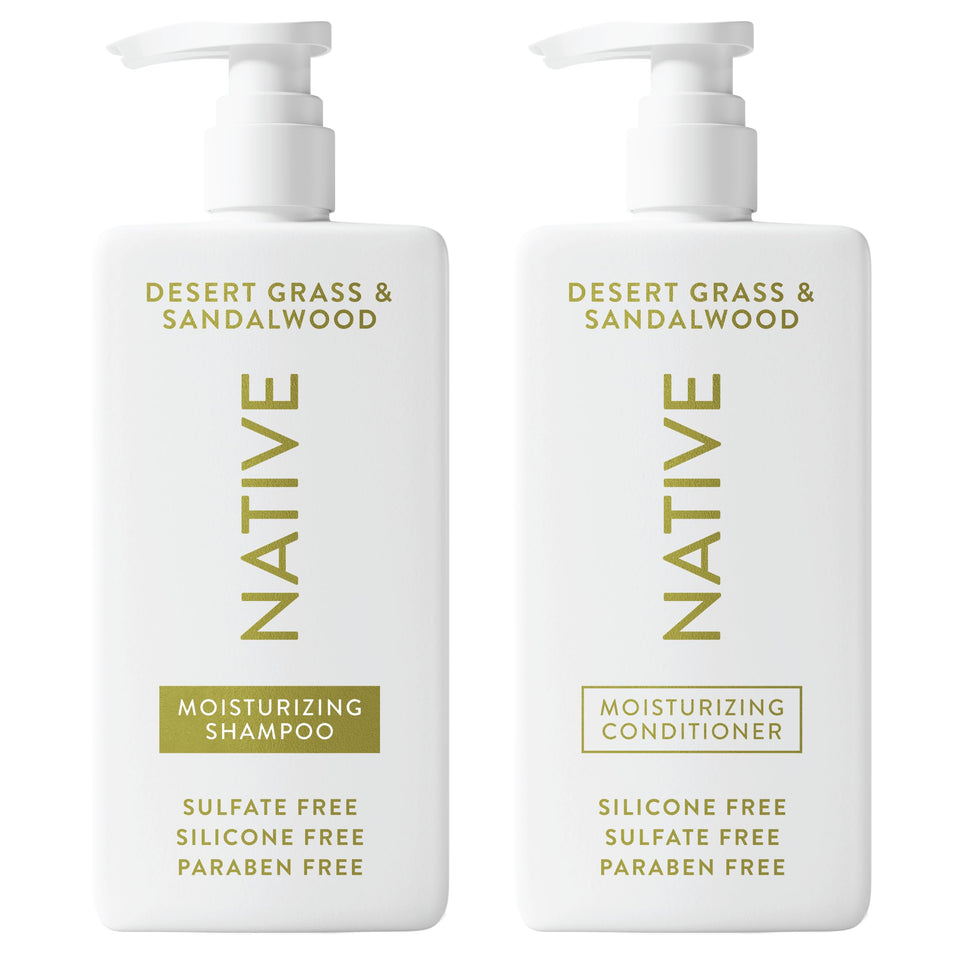 Native front packaging showing shampoo and conditioner, clear branding and benefit