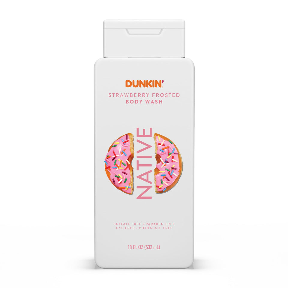 Native Dunkin Strawberry Frosted front bottle view showing playful label and size benefit