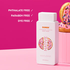 Native Dunkin Strawberry Frosted in shower use demonstrating family-friendly scent enjoyment