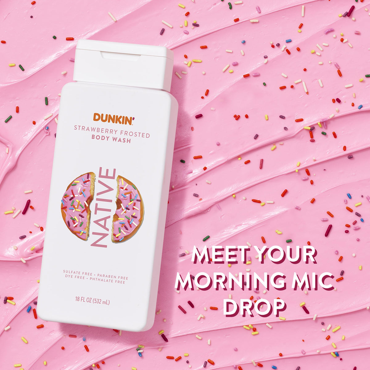 Native Dunkin Strawberry Frosted pump detail highlighting easy dispensing and control