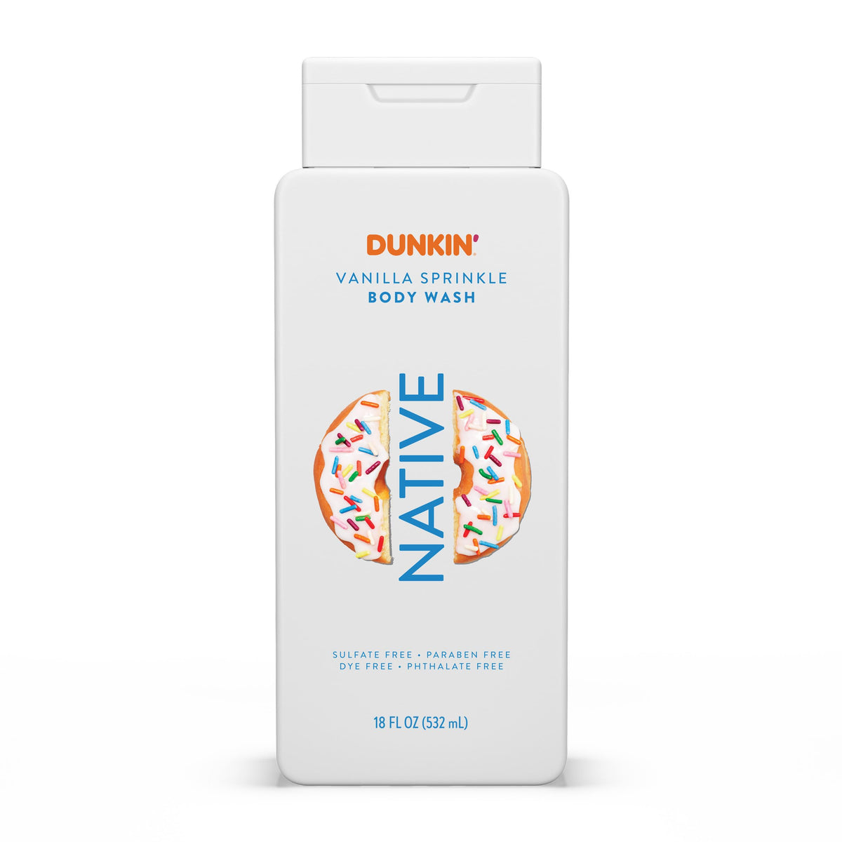 Native bottle front view showing Dunkin Vanilla Sprinkle scent and cheerful label, inviting enjoyment