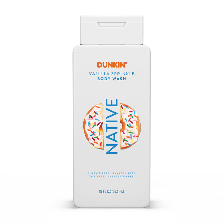 Native bottle front view showing Dunkin Vanilla Sprinkle scent and cheerful label, inviting enjoyment