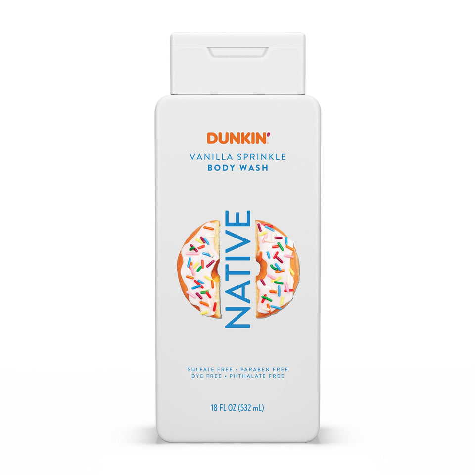 Native bottle front view showing Dunkin Vanilla Sprinkle scent and cheerful label, inviting enjoyment
