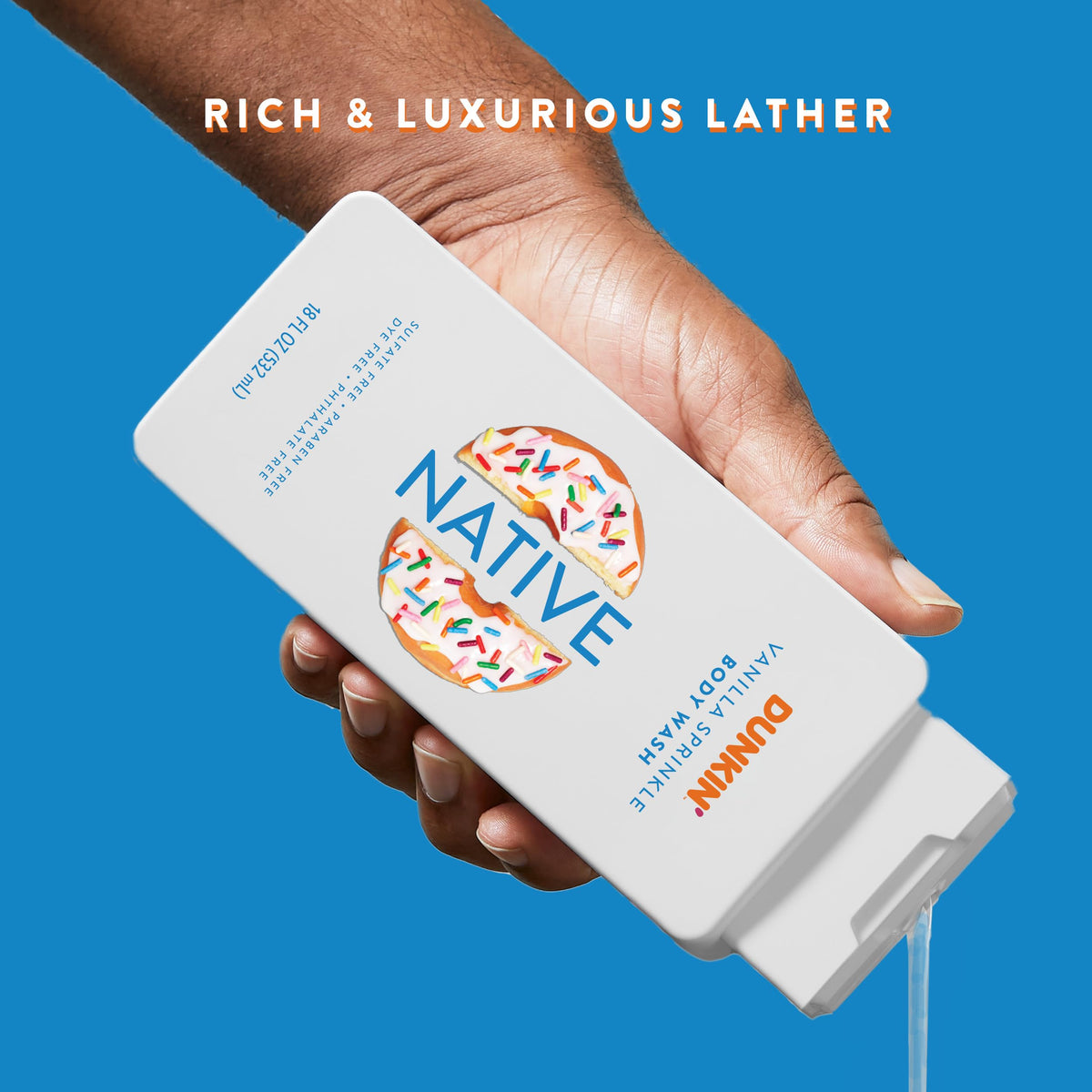 Native pump and label detail highlighting ingredients and easy dispensing for daily convenience