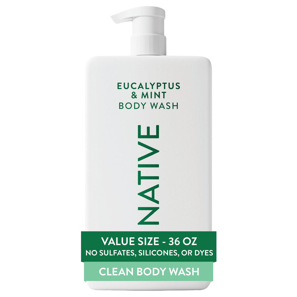 Native bottle front packaging showing clean eucalyptus and mint scent benefits