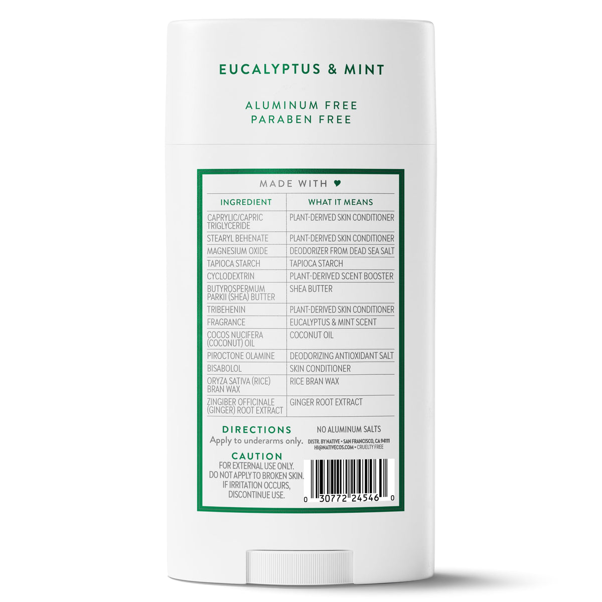 Shea butter and botanical visuals next to Native stick highlighting skin-conditioning benefits
