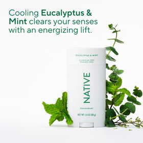 Native product label and ingredient list visible emphasizing aluminum-free and vegan benefit