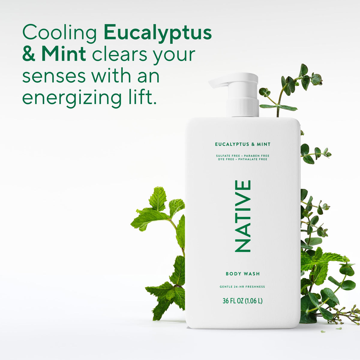 Native pouring stream of body wash to show texture and easy rinse-off