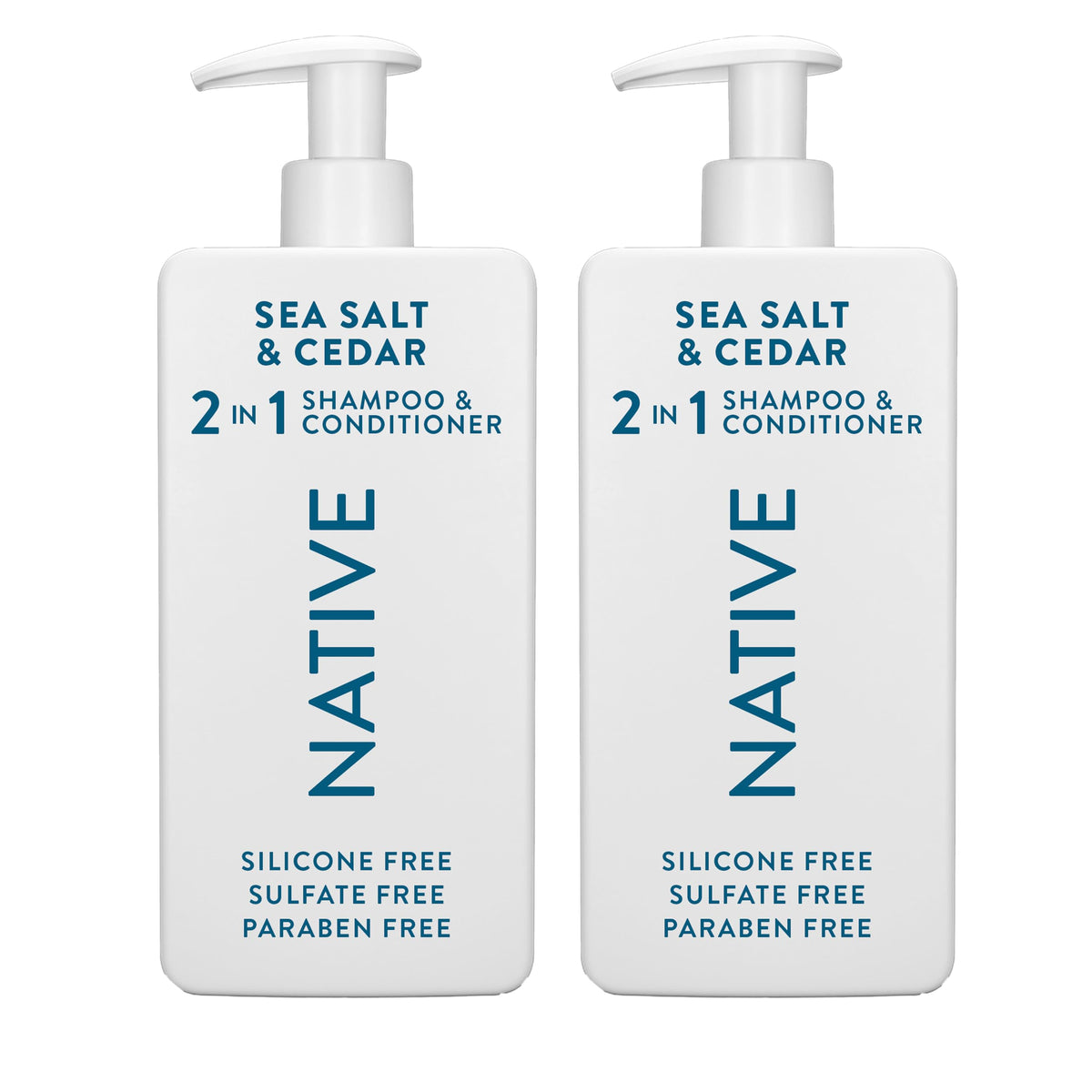 Native front bottle showing Sea Salt & Cedar scent and easy one-step benefit