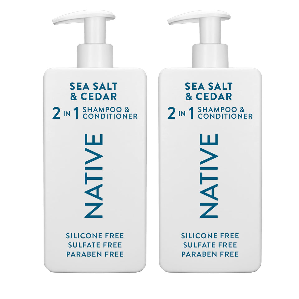 Native front bottle showing Sea Salt & Cedar scent and easy one-step benefit