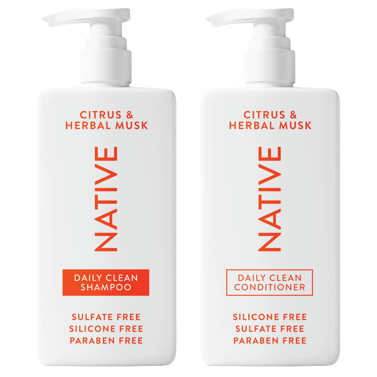 Native front packaging showing shampoo and conditioner set, clear labeling and benefit