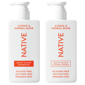 Native front packaging showing shampoo and conditioner set, clear labeling and benefit