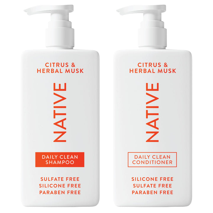 Native front packaging showing shampoo and conditioner set, clear labeling and benefit