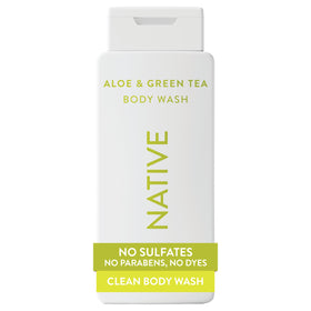Native front packaging showing 18 oz bottle and calming aloe-green tea scent benefit