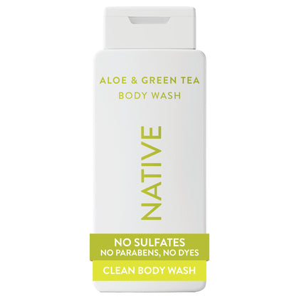 Native front packaging showing 18 oz bottle and calming aloe-green tea scent benefit