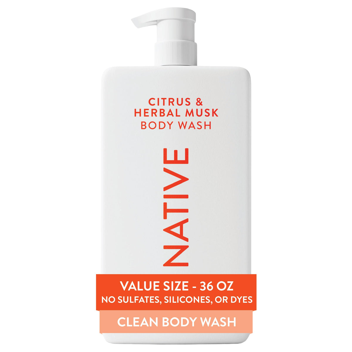Native front pump bottle showing citrus and herbal musk scent for reliable daily freshness