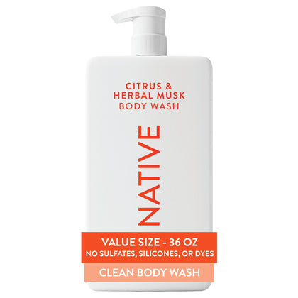 Native front pump bottle showing citrus and herbal musk scent for reliable daily freshness