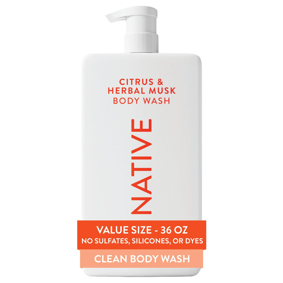 Native front pump bottle showing citrus and herbal musk scent for reliable daily freshness