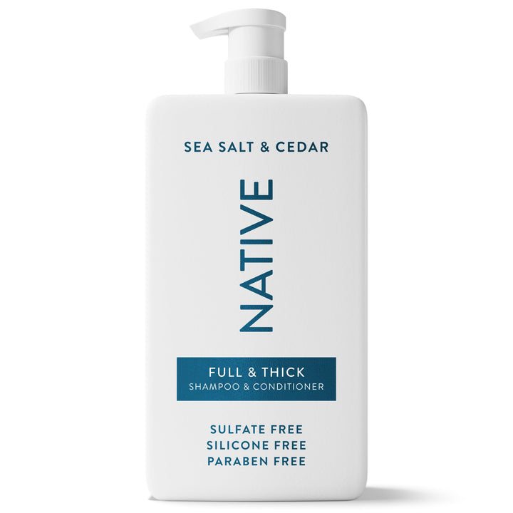Native front bottle showing Sea Salt & Cedar scent and volume benefit