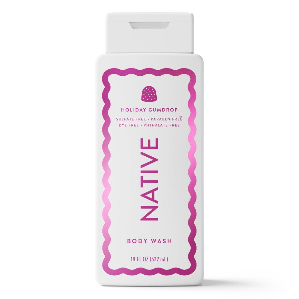 Native front bottle showing holiday gumdrop scent and clean design benefit