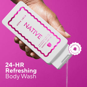 Native pump dispensing body wash demonstrating easy one-handed use benefit
