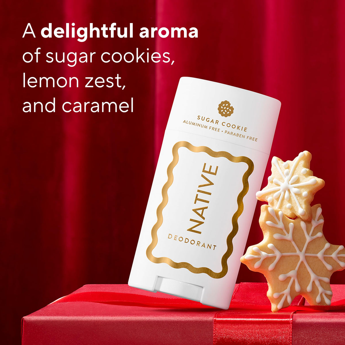 Native open cap and label showing ingredient transparency and holiday design